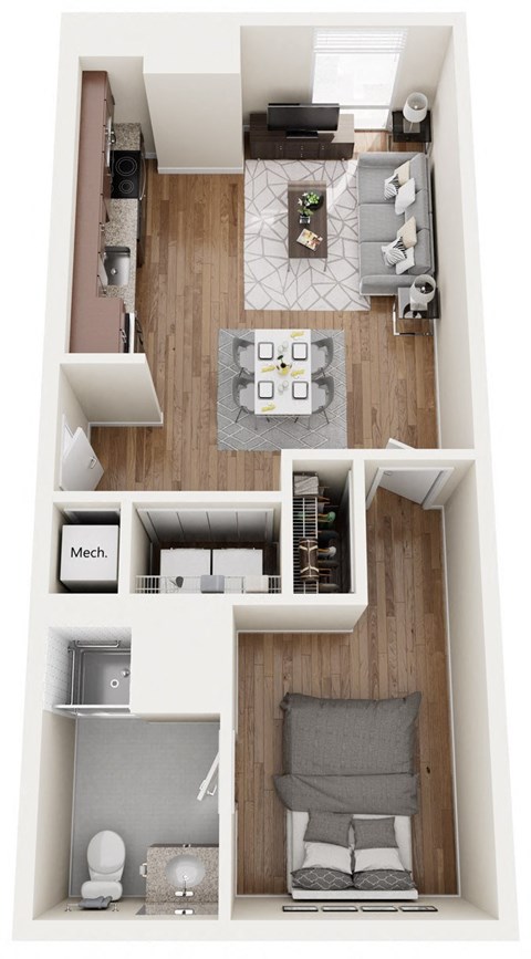 Floor plan for 1 bed, 1 bath, 543 sqft